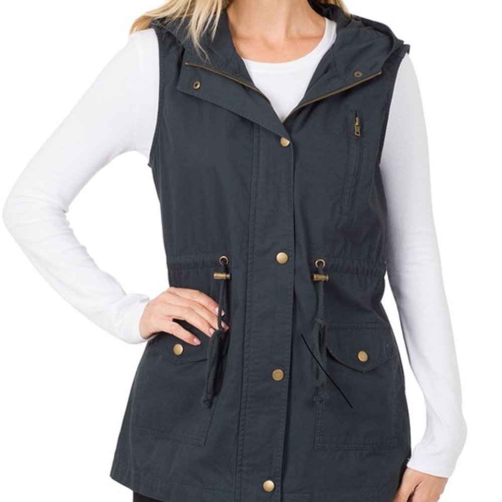 Drawstring Waist Military Hoodie Vest